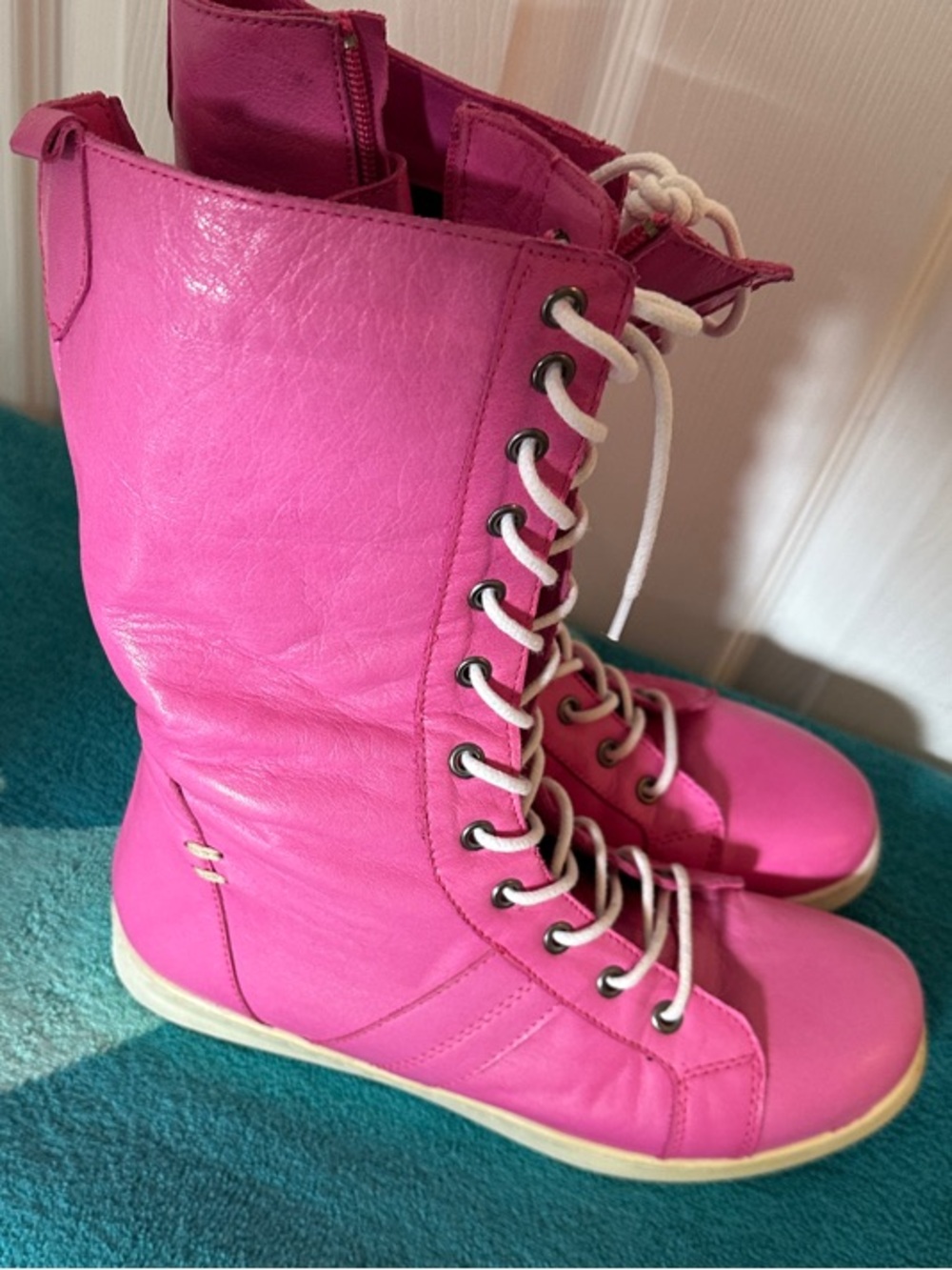 Women's Bright Pink Lace-Up Mid-Calf Boots with Contrast Laces